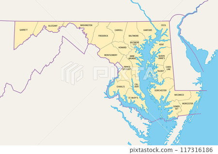 Maryland, U.S. state, political map with borders and county names. State in the Mid-Atlantic region of United States, subdivided into 23 counties and the independent City of Baltimore. Old Line State 117316186