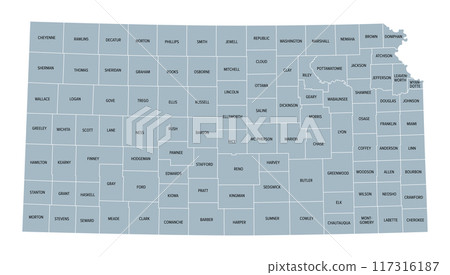 Kansas, U.S. state subdivided into 105 counties, gray political map with borders and county names. State in the Midwestern region of United States, nicknamed The Sunflower State, and The Wheat State. 117316187