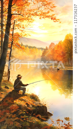 An angler fishing on the lake shore surrounded by autumn leaves 117316237