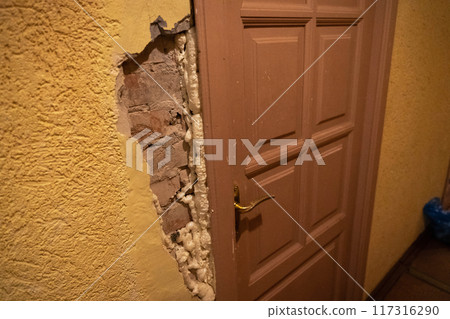 Exposed wall with insulation visible alongside a brown door 117316290