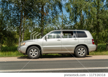 A silver SUV stands beside a green field under clear skies A silver SUV stands beside a green field under clear skies 117316318