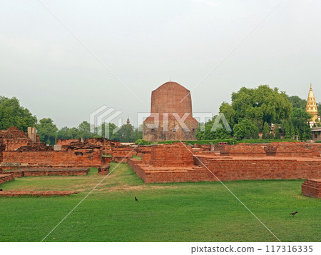 Sarnath, a Buddhist holy site on the outskirts of Varanasi, India, is where Buddha gave his first sermon and where the Dhammekh Stupa stands. 117316335