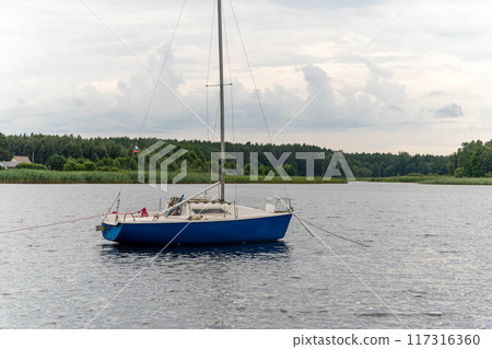 A sailboat gently rests on calm waters near dense trees 117316360