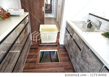 A beautiful new kitchen with underfloor storage and access hatch 117316408