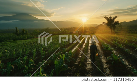 Farmers working the land during sunrise, with rays of light piercing through the mountainous backdrop on a lush farm. 117316490