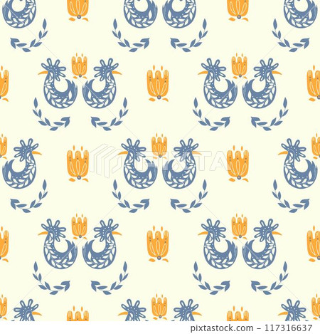 Folk ornamental bird and flowers seamless pattern. Suitable for printing on fabric and paper. Vector background Folk ornamental bird and flowers seamless pattern. Suitable for printing on fabric and paper. Vector background 117316637