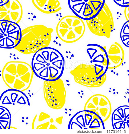Colorful lemon seamless pattern. For printing on fabric, labels, T-shirt, paper. Fruit vector sketch background. 117316643