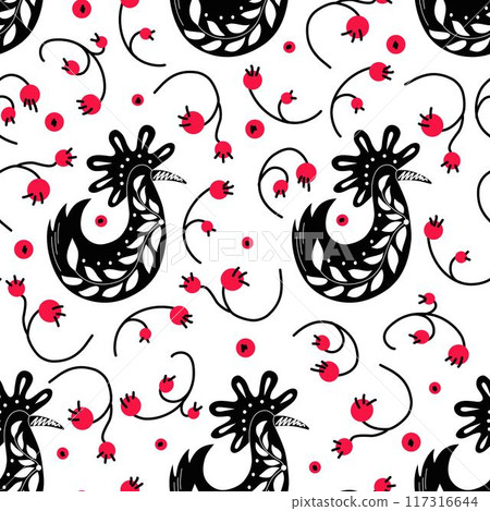 Folk ornamental bird and berries seamless pattern. Suitable for printing on fabric and paper. Vector background 117316644