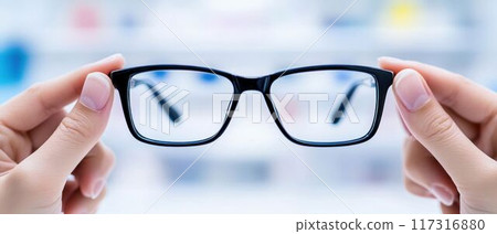 Holding Eyeglasses in Front of Blurred Background. 117316880