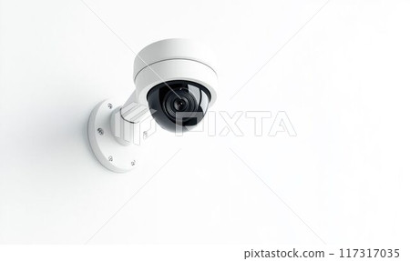 Modern Security Camera on White Wall. Generative ai. 117317035