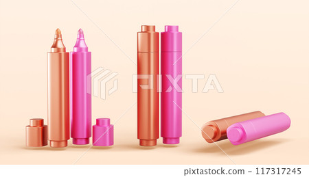 3d set of makeup color lip stain, liquid marker render in different angles. Cosmetic beauty products, pink and brown lip liner pencil or eyeliner mockup isolated on beige background. 3D illustration 3d set of makeup color lip stain, liquid marker render in different angles. Cosmetic beauty products, pink and brown lip liner pencil or eyeliner mockup isolated on beige background. 3D illustration 117317245