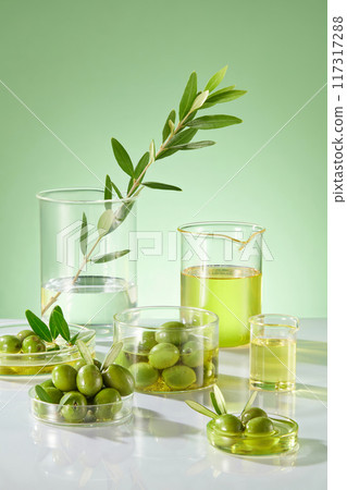 Laboratory concept with beaker and petri dishes filled with olives and olive oil on the green background. Scene for advertising. The bark, leaves and oil of olive peel all have many benefits Laboratory concept with beaker and petri dishes filled with olives and olive oil on the green background. Scene for advertising. The bark, leaves and oil of olive peel all have many benefits 117317288