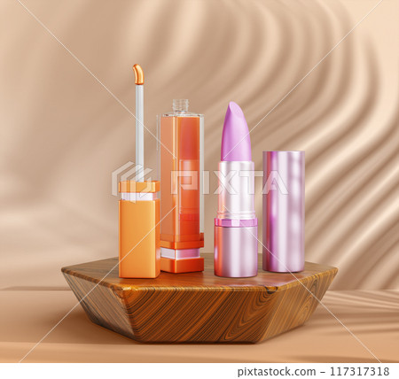 Lipstick, liquid gloss tube on hexagon wooden podium and palm leaf shadow on beige wall background 3d render. Cosmetics make up beauty product on natural wood pedestal mockup banner. 3D illustration 117317318