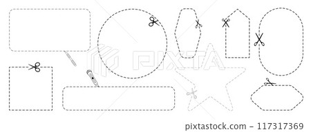 Cut here icon. Set of scissors cutting shape, paper cut here icon with dotted line for ticket, coupon, promo code. 117317369