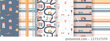 Kids seamless pattern with car, bus and road. Perfect for fabric , digital paper, cards. Kids seamless pattern with car, bus and road. Perfect for fabric , digital paper, cards. 117317370
