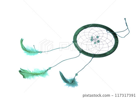 magic green dream catcher with feathers isolated on the white magic green dream catcher with feathers isolated on the white 117317391