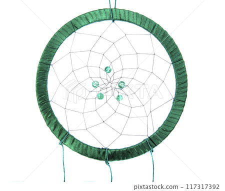 magic green dream catcher with feathers isolated on the white magic green dream catcher with feathers isolated on the white 117317392