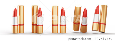 3d set of red lipstick in different angles view. Gold open and closed pomade tube mockup render icon. Luxury face cosmetic makeup beauty product template isolated on white background. 3D illustration 3d set of red lipstick in different angles view. Gold open and closed pomade tube mockup render icon. Luxury face cosmetic makeup beauty product template isolated on white background. 3D illustration 117317439