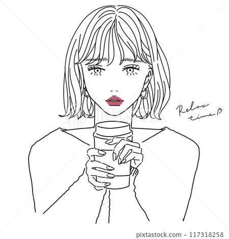 Woman drinking coffee line drawing 117318258