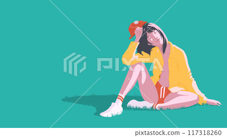 a young woman sitting on the grass, leaning slightly back with one hand holding her red cap a young woman sitting on the grass, leaning slightly back with one hand holding her red cap 117318260