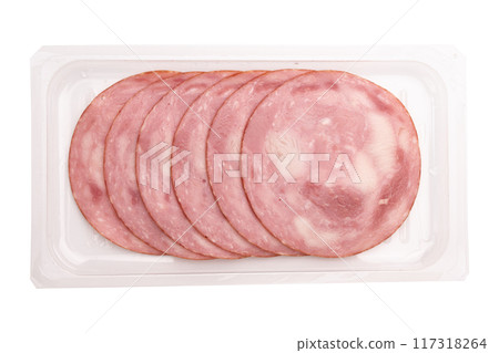 ham cut into pieces on plastic package 117318264