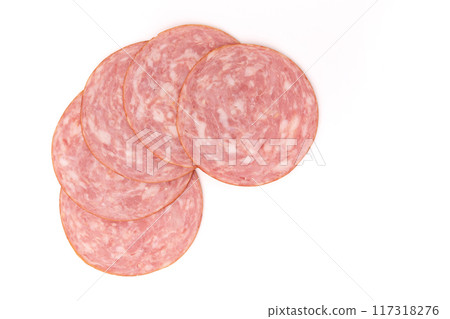 ham cut into pieces isolated on white background ham cut into pieces isolated on white background 117318276