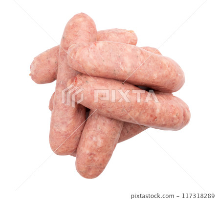uncooked pork sausages isolated on white background uncooked pork sausages isolated on white background 117318289