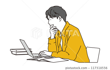A man thinking at a computer A man thinking at a computer 117318556