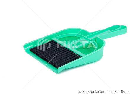 green dustpan scoop and brush isolated on the white green dustpan scoop and brush isolated on the white 117318664