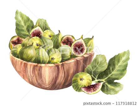 Ripe figs fruit with leaves in wooden bowl Picked whole and cut fruit harvest. Food, plant snack. Watercolor Clipart for label, price tag, dessert menu Hand drawn illustration Isolated from background 117318812