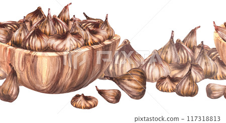Dried figs in wooden bowl. Dry fruit harvest. Seamless border, pattern. Sweet snacks. Vegetarian Food label. Plant clipart for product package Watercolor painted illustration. Isolated from background 117318813