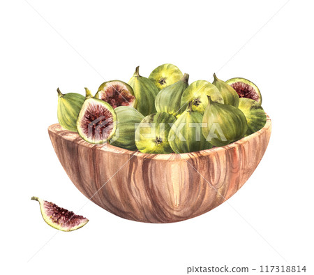 Ripe figs fruit in wooden bowl Picked whole and cut fruit harvest. Food, plant sweet snack. Watercolor Clipart for label, price tag, delicious dessert. Hand drawn illustration Isolated from background 117318814
