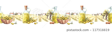 Olive tree harvest against rural farm landscape, Oil in glass carafe. Wooden bowl. Seamless border. Watercolor hand drawn illustration. Food label ,wrapping paper. Pattern Isolated from background Olive tree harvest against rural farm landscape, Oil in glass carafe. Wooden bowl. Seamless border. Watercolor hand drawn illustration. Food label ,wrapping paper. Pattern Isolated from background 117318819