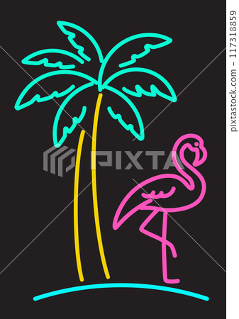 Neon color outline flamingo and palm tree Neon color outline flamingo and palm tree 117318859