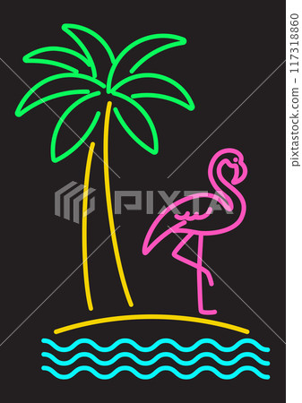 Neon color outline flamingo and palm tree 117318860