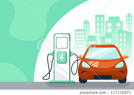 Red car and charging station and city Red car and charging station and city 117318873