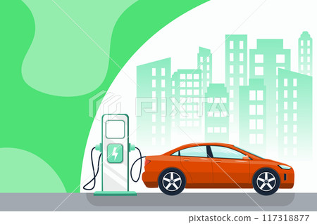 Red car and charging station and city 117318877