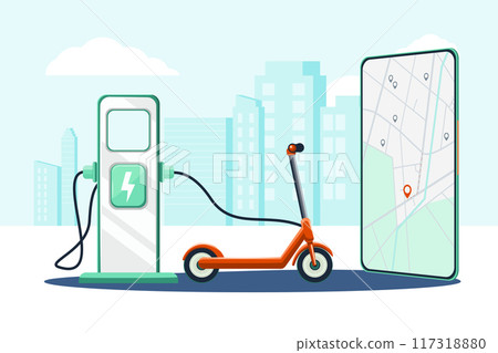 Red kick scooter charging and smartphone 117318880