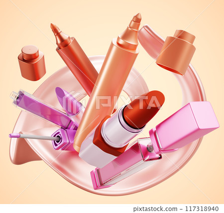 3d makeup explosion, cosmetic beauty product with cream circle liquid wave swirl on beige background. Render flying red lipstick, pink lip gloss tube, abstract ad banner, promo poster. 3D illustration 117318940