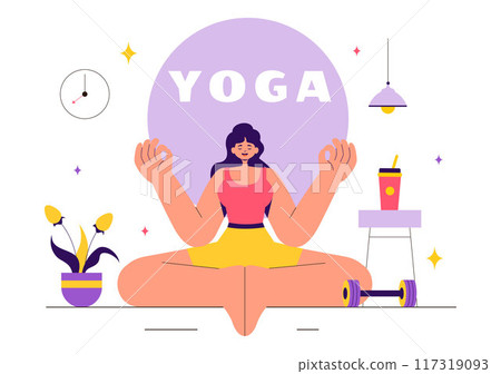 Vector illustration of Yoga and Meditation Practices featuring a Girl Exercising for Health Benefits in a Flat Style Cartoon Background 117319093