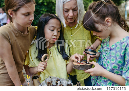Children looking at models of insect, learning about wildlife during outdoor sustainable educational class. 117319153