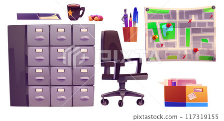 Detective office interior furniture and elements. Detective office interior furniture and elements. 117319155