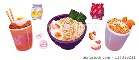Noodle in cardboard cup and bowl with chopsticks. 117319211