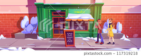 Teen boy and girl walk on city street 117319218