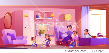 Children in pink kids bedroom interior Children in pink kids bedroom interior 117319252