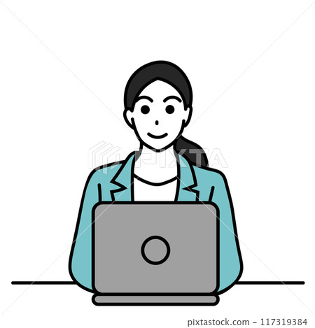 一個女人使用一台筆記本電腦的插圖 一個女人使用一台筆記本電腦的插圖 117319384