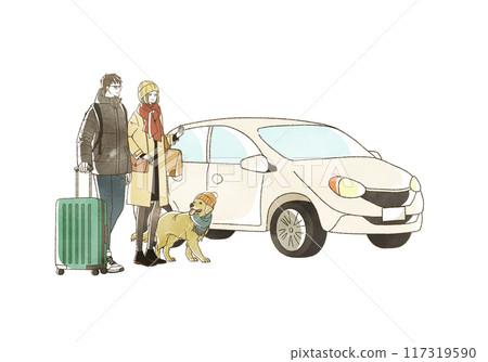 冬天開車旅行的一個男人，一個男人和一隻狗 117319590