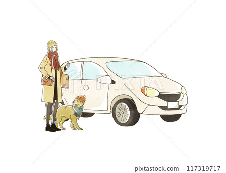A woman and a dog traveling by car in winter 117319717