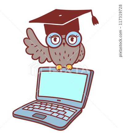 Cute owl character sitting on laptop Cute owl character sitting on laptop 117319728