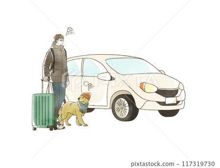一個看起來很困擾的男人和他的狗在冬天開車旅行 一個看起來很困擾的男人和他的狗在冬天開車旅行 117319730